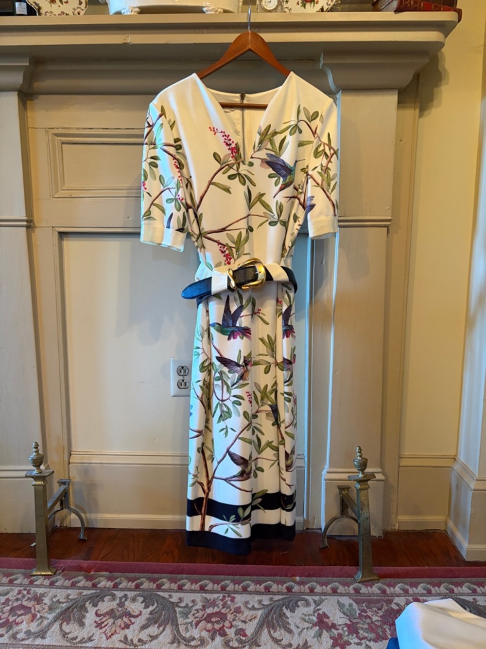 Ted Baker White Floral & Bird Print  Dress  with Blue Belt. 44.5” Long.